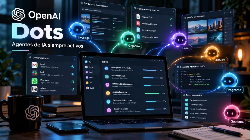 Ilustración de OpenAI Dots, agentes de inteligencia artificial capaces de trabajar de forma autónoma en tareas y proyectos.