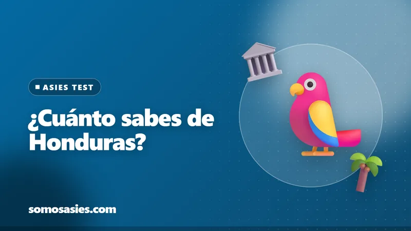 Ilustración de una guara roja, ruinas mayas y una palmera